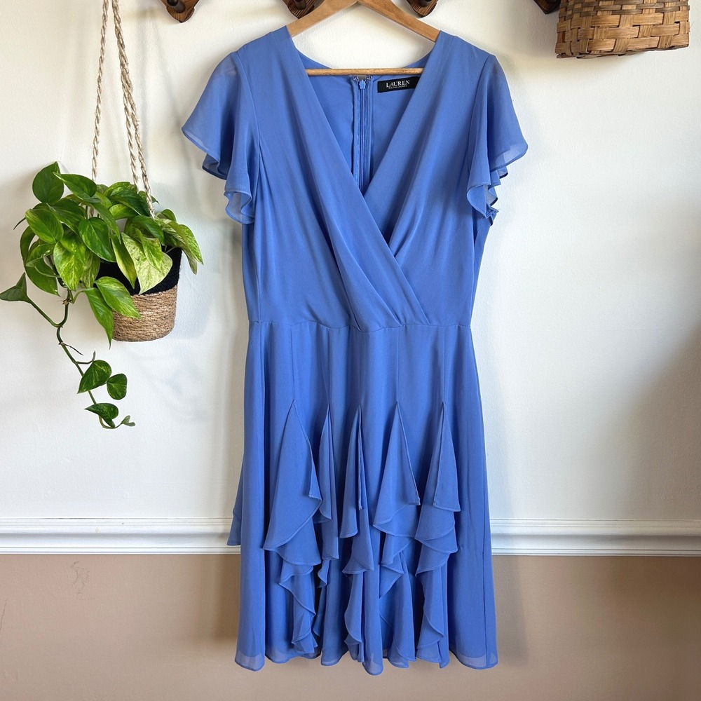 Lauren Ralph Lauren Periwinkle Blue Flutter Sleeve Ruffle Hem Cocktail Dress 10